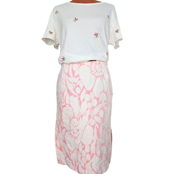 J. Crew Cotton Brocade Pink White Skirt with Slits Size 6 Medium - Picture 1 of 8